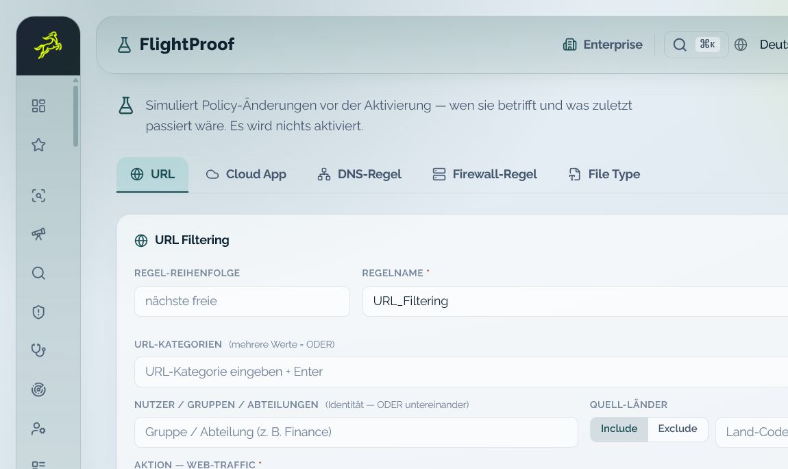 Change Effect Preview zeigt Security Regeltyp, Kriterien, Aktion und Reichweite einer Policy-Simulation